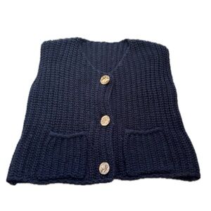navy blue chunky knit cardigan with gold buttons